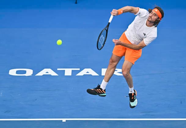 ATP, Tennis Herren Qatar Exxonmobil Open-Quarter Final Stefanos Tsitsipas of Greece competes against Andrey Rublev of Russia in the Quarter final at the ATP men s Qatar ExxonMobil Open 2026 tennis tournament at the Khalifa International Tennis Complex in Doha, Qatar, on February 19, 2026. DOHA Qatar Copyright: xNOUSHADx