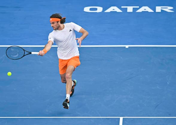 ATP, Tennis Herren Qatar Exxonmobil Open-Quarter Final Stefanos Tsitsipas of Greece competes against Andrey Rublev of Russia in the Quarter final at the ATP men s Qatar ExxonMobil Open 2026 tennis tournament at the Khalifa International Tennis Complex in Doha, Qatar, on February 19, 2026. DOHA Qatar Copyright: xNOUSHADx
