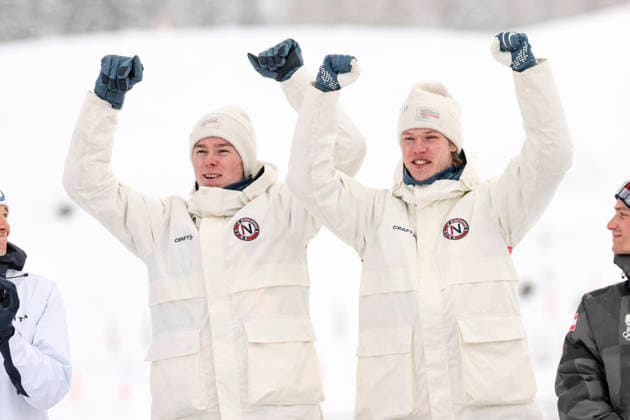 OLYMPICS - Winter Olympic Games, Olympische Spiele, Olympia, OS Milano Cortina 2026 TESERO,ITALY,19.FEB.26 - OLYMPICS, NORDIC SKIING, NORDIC COMBINED - Winter Olympic Games Milano Cortina 2026, team sprint, medal ceremony. Image shows the rejoicing of Andreas Skoglund and Jens Luraas Oftebro (NOR).  GEPAxpictures xMatthiasxTrinkl