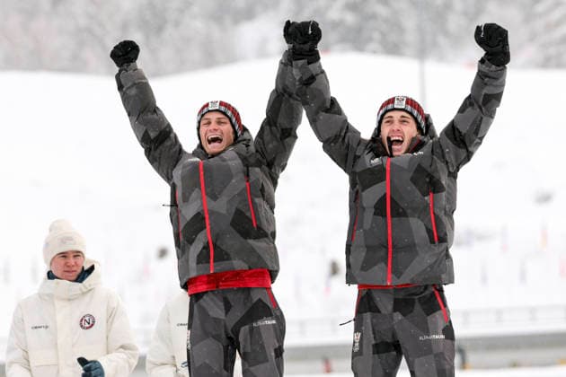 OLYMPICS - Winter Olympic Games, Olympische Spiele, Olympia, OS Milano Cortina 2026 TESERO,ITALY,19.FEB.26 - OLYMPICS, NORDIC SKIING, NORDIC COMBINED - Winter Olympic Games Milano Cortina 2026, team sprint, medal ceremony. Image shows the rejoicing of Johannes Lamparter and Stefan Rettenegger (AUT).  GEPAxpictures xMatthiasxTrinkl