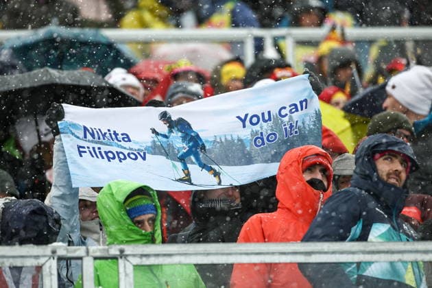 ITALY, LOMBARDY - FEBRUARY 19, 2026: Fans cheer for Russia in the men s ski mountaineering sprint semifinals during the 2026 Winter Olympic Games, Olympische Spiele, Olympia, OS on the Stelvio slope of the Bormio Ski Resort in Bormio, Province of Sondrio 2026 Winter Olympics: Ski Mountaineering  - ZUMAt113 20260219_zaa_t113_227 Copyright: xMikhailxTereshchenkox