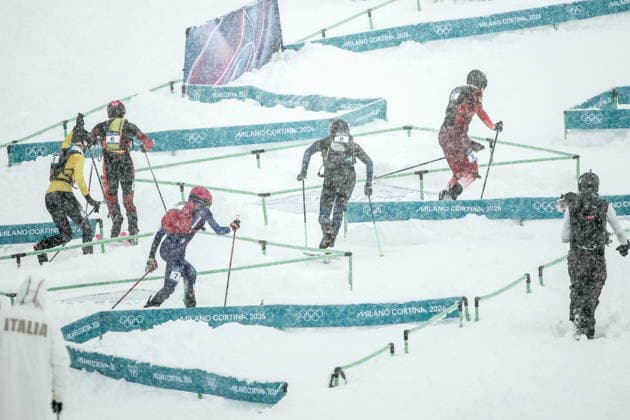 ITALY, LOMBARDY - FEBRUARY 19, 2026: Maximilien Drion du Chapois of Belgium, Ot Ferrer Martinez of Spain, Pablo Giner Dalmasso of France, Nikita Filippov of Russia and Arno Lietha (L-R) of Switzerland, compete in the men s ski mountaineering sprint semifinals during the 2026 Winter Olympic Games, Olympische Spiele, Olympia, OS on the Stelvio slope of the Bormio Ski Resort in Bormio, Province of Sondrio 2026 Winter Olympics: Ski Mountaineering  - ZUMAt113 20260219_zaa_t113_232 Copyright: xMikhailxTereshchenkox