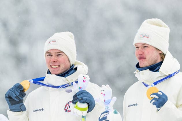 260219 Andreas Skoglund of Norway and Jens Luras Oftebro of Norway celebrate after the nordic combined team sprint cross-country skiing during day 12 of the 2026 Winter Olympics on February 19, 2026 in Val di Fiemme. Photo: Maxim Thore BILDBYRAN kod MT MT0997 nordisk kombination nordic combined nordisk kombinert Olympic Games, Olympische Spiele, Olympia, OS olympics winter olympics os ol olympiska spel vinter-os olympiske leker milano cortina 2026 milan cortina 2026 milano cortina 2026 olympic games milano cortina 2026 winter olympic games milano cortina-os milano cortina-ol vinter-ol 12 bbeng norge norway jubel *** 260219 Andreas Skoglund of Norway and Jens Luras Oftebro of Norway celebrate after the nordic combined team sprint cross country skiing during day 12 of the 2026 Winter Olympics on February 19, 2026 in Val di Fiemme Photo Maxim Thore BILDBYRAN kod MT MT0997 nordic kombination nordic combined nordic kombinert olympic games olympics winter olympics os ol olympiska spel vinter os olympiske leker milano cortina 2026 milan cortina 2026 milano cortina 2026 olympic games milano cortina 2026 winter olympic games milano cortina os milano cortina ol vinter ol 12 bbeng norge norway jubel  Copyright: MAXIMxTHORE BB260219MT027
