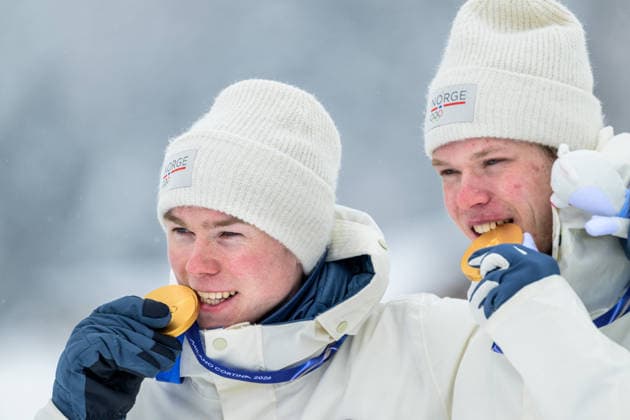 260219 Andreas Skoglund of Norway and Jens Luras Oftebro of Norway celebrate after the nordic combined team sprint cross-country skiing during day 12 of the 2026 Winter Olympics on February 19, 2026 in Val di Fiemme. Photo: Maxim Thore BILDBYRAN kod MT MT0997 nordisk kombination nordic combined nordisk kombinert Olympic Games, Olympische Spiele, Olympia, OS olympics winter olympics os ol olympiska spel vinter-os olympiske leker milano cortina 2026 milan cortina 2026 milano cortina 2026 olympic games milano cortina 2026 winter olympic games milano cortina-os milano cortina-ol vinter-ol 12 bbeng norge norway jubel *** 260219 Andreas Skoglund of Norway and Jens Luras Oftebro of Norway celebrate after the nordic combined team sprint cross country skiing during day 12 of the 2026 Winter Olympics on February 19, 2026 in Val di Fiemme Photo Maxim Thore BILDBYRAN kod MT MT0997 nordic kombination nordic combined nordic kombinert olympic games olympics winter olympics os ol olympiska spel vinter os olympiske leker milano cortina 2026 milan cortina 2026 milano cortina 2026 olympic games milano cortina 2026 winter olympic games milano cortina os milano cortina ol vinter ol 12 bbeng norge norway jubel  Copyright: MAXIMxTHORE BB260219MT035
