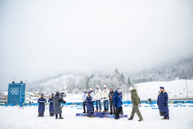 260219 Johannes Rydzek of Germany, Vinzenz Geiger of Germany, Andreas Skoglund of Norway, Jens Luras Oftebro of Norway, Vid Vrhovnik of Slovenia and Gasper Brecl of Slovenia celebrate after the nordic combined team sprint cross-country skiing during day 12 of the 2026 Winter Olympics on February 19, 2026 in Val di Fiemme. Photo: Maxim Thore BILDBYRAN kod MT MT0997 nordisk kombination nordic combined nordisk kombinert Olympic Games, Olympische Spiele, Olympia, OS olympics winter olympics os ol olympiska spel vinter-os olympiske leker milano cortina 2026 milan cortina 2026 milano cortina 2026 olympic games milano cortina 2026 winter olympic games milano cortina-os milano cortina-ol vinter-ol 12 bbeng norge norway jubel *** 260219 Johannes Rydzek of Germany, Vinzenz Geiger of Germany, Andreas Skoglund of Norway, Jens Luras Oftebro of Norway, Vid Vrhovnik of Slovenia and Gasper Brecl of Slovenia celebrate after the nordic combined team sprint cross country skiing during day 12 of the 2026 Winter Olympics on February 19, 2026 in Val di Fiemme Photo Maxim Thore BILDBYRAN kod MT MT0997 nordisk kombination nordic combined nordic combined olympic games olympics winter olympics os ol olympiska spel vinter os olympiske leker milano cortina 2026 milan cortina 2026 milano cortina 2026 olympic games milano cortina 2026 winter olympic games milano cortina os milano cortina ol vinter ol 12 bbeng norge norway jubel  Copyright: MAXIMxTHORE BB260219MT036