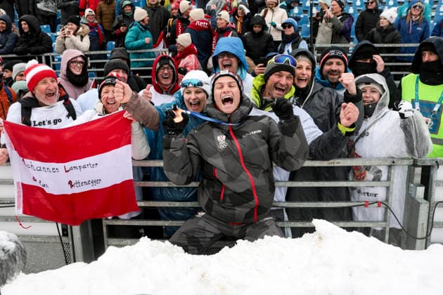 OLYMPICS - Winter Olympic Games, Olympische Spiele, Olympia, OS Milano Cortina 2026 TESERO,ITALY,19.FEB.26 - OLYMPICS, NORDIC SKIING, NORDIC COMBINED - Winter Olympic Games Milano Cortina 2026, team sprint, medal ceremony. Image shows the rejoicing of Johannes Lamparter (AUT), Keywords: medal.  GEPAxpictures xMatthiasxTrinkl