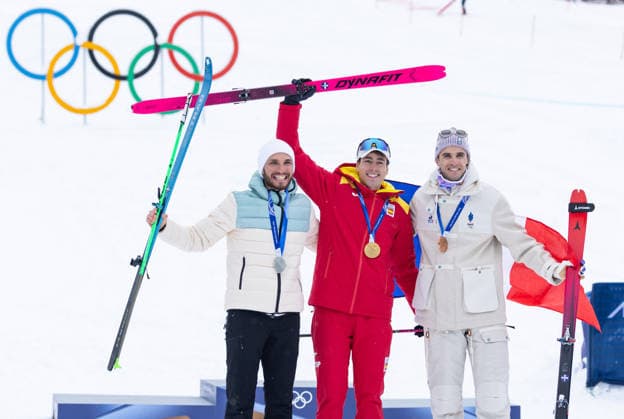 OLYMPICS - Winter Olympic Games, Olympische Spiele, Olympia, OS Milano Cortina 2026 BORMIO,ITALY,19.FEB.26 - OLYMPICS, SKI MOUNTAINEERING - Winter Olympic Games Milano Cortina 2026, sprint race, medal ceremony. Image shows Nikita Filippov (AIN), Oriol Cardona Coll (ESP) and Thibault Anselmet (FRA). Keywords: medals.  GEPAxpictures xHaraldxSteiner