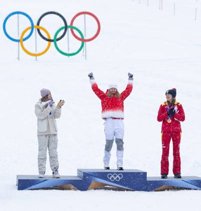 OLYMPICS - Winter Olympic Games, Olympische Spiele, Olympia, OS Milano Cortina 2026 BORMIO,ITALY,19.FEB.26 - OLYMPICS, SKI MOUNTAINEERING - Winter Olympic Games Milano Cortina 2026, sprint race, medal ceremony. Image shows Emily Harrop (FRA), Marianne Fatton (SUI) and Ana Alonso Rodriguez (ESP). Keywords: medals.  GEPAxpictures xHaraldxSteiner