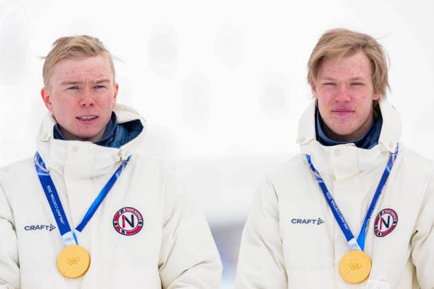 Winter Olympics in Milan Cortina 2026 Val di Fiemme, Italy 20260219. Gold medalists Jens Luraas Oftebro and Andreas Skoglund from Norway on the podium after the combined team sprint 2 x 7.5 km Tesero CC-Stadium during the Winter Olympics in Milano Cortina 2026. Photo: Lise Aaserud NTB Val di Fiemme Italy EDITORIAL USE ONLY. RESTRICTED USE FOR BETTING COMPANIES Ref:_SPOlhZOUWA9WNY.jpg *** Winter Olympics in Milan Cortina 2026 Val di Fiemme, Italy 20260219 Gold medalists Jens Luraas Oftebro and Andreas Skoglund from Norway on the podium after the combined team sprint 2 x 7 5 km Tesero CC Stadium during the Winter Olympics in Milano Cortina 2026 Photo Lise Aaserud NTB Val di Fiemme Italy EDITORIAL USE ONLY RESTRICTED USE FOR BETTING COMPANIES  Copyright: xLisexAserudx xNTBx