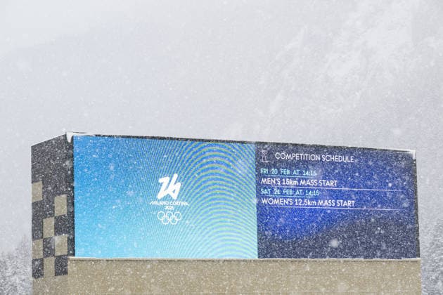 260219 A led screen with the biathlon competition schedule is seen through snowfall during day 13 of the 2026 Winter Olympics on February 19, 2026 in Anterselva. Photo: Mathias Bergeld BILDBYRAN kod MB MB1338 skidskytte biathlon skiskyting Olympic Games, Olympische Spiele, Olympia, OS olympics winter olympics os ol olympiska spel vinter-os olympiske leker milano cortina 2026 milan cortina 2026 milano cortina 2026 olympic games milano cortina 2026 winter olympic games milano cortina-os milano cortina-ol vinter-ol 13 bbeng träning training genre snö snöfall os-ringar *** 260219 A led screen with the biathlon competition schedule is seen through snowfall during day 13 of the 2026 Winter Olympics on February 19, 2026 in Anterselva Photo Mathias Bergeld BILDBYRAN code MB MB1338 biathlon biathlon biathlon olympic games olympics olympics winter olympics os ol olympic games winter os olympic games milano cortina 2026 milan cortina 2026 milano cortina 2026 olympic games milano cortina 2026 winter olympic games milano cortina os milano cortina ol winter ol 13 bbeng training training genre snow snowfall os rings  Copyright: MATHIASxBERGELD BB260219MB044