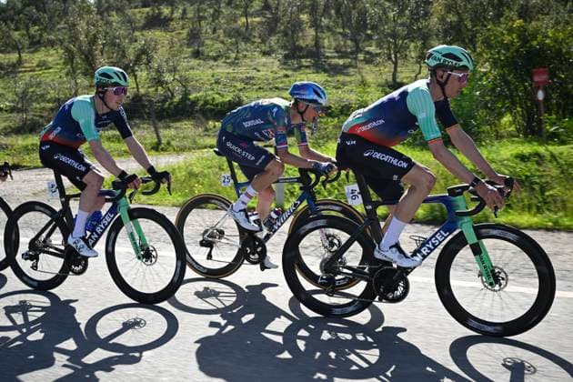 Volta Algarve 2026 Stage 2 FOIA (MONCHIQUE), PORTUGAL - FEBRUARY 19 : Naesen Oliver (BEL) of Decathlon CMA CGM Team, Van Baarle Dylan (NED) of Soudal Quick-Step, Dewulf Stan (BEL) of Decathlon CMA CGM Team during stage 2 of the 52th edition of Volta Algarve an UCI ProSeries 2.Pro cycling road race stage for Men Elite of 147.2 km with start in Portimao and finish in Foia (Monchique) on February 19, 2026 in Foia (Monchique), Portugal, 19 02 2026 ( Motordriver Guy De Vuyst - Foia (Monchique) Portugal  Copyright: xNicoxVereeckenx