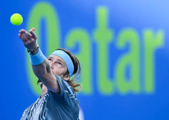 February 19, 2026, Doha, Qatar: Andrey Rublev of Russia is seen in action against Stefanos Tsitsipas of Greece during their men s singles quarter final match at the ATP, Tennis Herren Qatar Exxonmobil Open 2026 tennis tournament at the Khalifa International Tennis Complex. Andrey Rublev won against Stefanos Tsitsipas 6-3,7-6. Doha Qatar - ZUMAs197 20260219_aaa_s197_062 Copyright: xNoushadxVariyattiyakkalx