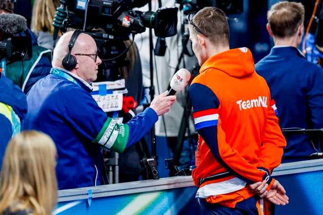 Joep Wennemars of the Netherlands speaking with journalist after Men s 1500m, Milano Cortina 2026 Winter Olympics: Day 13, Speed skating, Eisschnelllauf - Milano Cortina 2026 Winter Olympics: Day 13, Milano Speed Skating Stadium, February 19, 2026, Milan, Italy.
