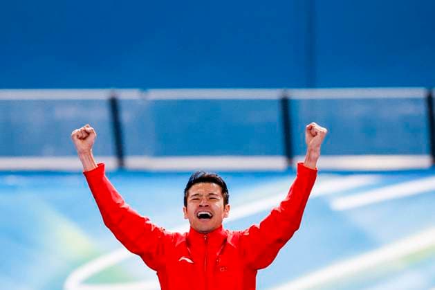 winner Zhongyan Ning of China celebrates during the medal ceremony after Men s 1500m, Milano Cortina 2026 Winter Olympics: Day 13, Speed skating, Eisschnelllauf - Milano Cortina 2026 Winter Olympics: Day 13, Milano Speed Skating Stadium, February 19, 2026, Milan, Italy.