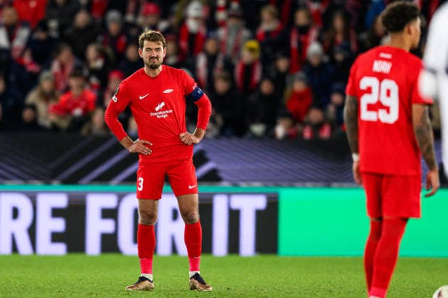 260219 Fredrik Pallesen of Brann looks dejected after 0 1 during the UEFA Europa League football match between Brann and Bologna on February 19, 2026 in Bergen Photo Marius Simensen BILDBYRAN COP 238 MM0056 bbeng brann bologna football fotball fotboll soccer uefa europa league depp  Copyright: MARIUSxSIMENSEN BB260219ZW031