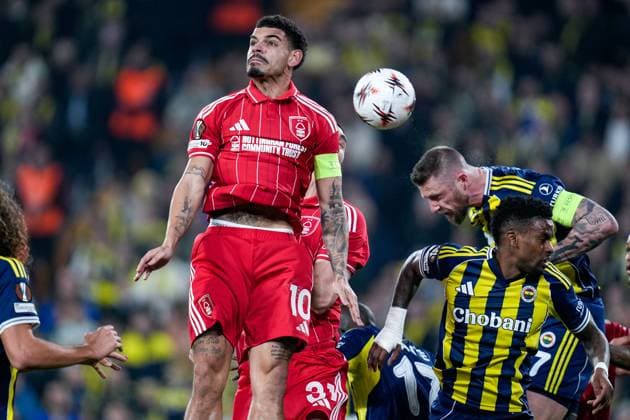 Morgan Gibbs-White of Nottingham Forest Football Club jumps to head the ball Fenerbache v Nottingham Forest, UEFA Europa League, Knockout Round Play Offs, First Leg, Football, Sukru Saracoglu Stadium, Istanbul, Turkiye - 19 Feb 2026Istanbul Sukru Saracoglu Stadium Turkey EDITORIAL USE ONLY No use with unauthorised audio, video, data, fixture lists, club league logos or live services. Online in-match use limited to 120 images, no video emulation. No use in betting, games or single club league player publications. Copyright: xRaddadxJebarah Shutterstockx 16674269ap