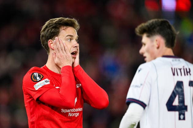 260219 Felix Horn Myhre of Brann reacts during the UEFA Europa League football match between Brann and Bologna on February 19, 2026 in Bergen Photo Marius Simensen BILDBYRAN COP 238 MM0056 bbeng brann bologna football fotball fotboll soccer uefa europa league  Copyright: MARIUSxSIMENSEN BB260219ZM038