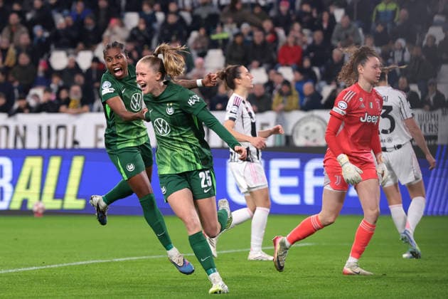 Turin, Italy, 19th February 2026. Vivien Endemann of VfL Wolfsburg celebrates with team mate Lineth Beerensteyn after scoring to give the side a 1-0 lead during the Juventus Women vs VfL Wolfsburg Women UEFA Womens Champions League match at Juventus Stadium, Turin. Picture credit should read: Jonathan Moscrop Sportimage EDITORIAL USE ONLY. No use with unauthorised audio, video, data, fixture lists, club league logos or live services. Online in-match use limited to 120 images, no video emulation. No use in betting, games or single club league player publications. SPI_002_JUVE_WOLFSBURG_UWCL_ SPI-4527-0002