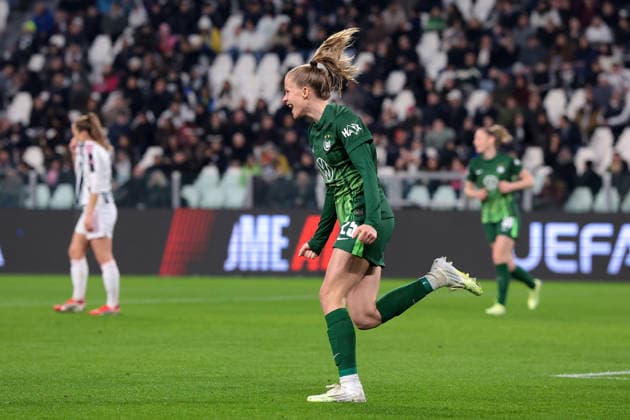 Turin, Italy, 19th February 2026. Vivien Endemann of VfL Wolfsburg celebrates with team mate Lineth Beerensteyn after scoring to give the side a 1-0 lead during the Juventus Women vs VfL Wolfsburg Women UEFA Womens Champions League match at Juventus Stadium, Turin. Picture credit should read: Jonathan Moscrop Sportimage EDITORIAL USE ONLY. No use with unauthorised audio, video, data, fixture lists, club league logos or live services. Online in-match use limited to 120 images, no video emulation. No use in betting, games or single club league player publications. SPI_003_JUVE_WOLFSBURG_UWCL_ SPI-4527-0003