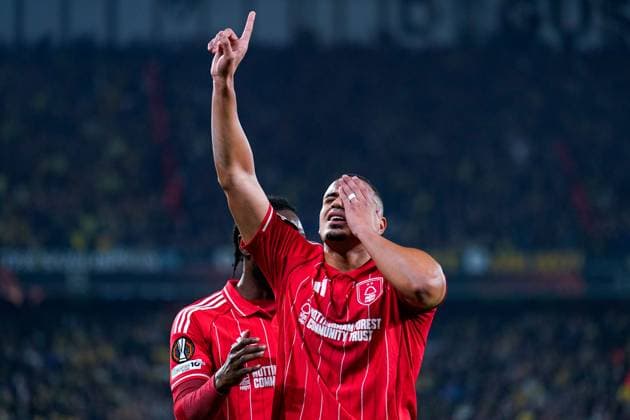Murillo of Nottingham Forest Football Club does his celebration after his scores his goal Fenerbache v Nottingham Forest, UEFA Europa League, Knockout Round Play Offs, First Leg, Football, Sukru Saracoglu Stadium, Istanbul, Turkiye - 19 Feb 2026Istanbul Sukru Saracoglu Stadium Turkey EDITORIAL USE ONLY No use with unauthorised audio, video, data, fixture lists, club league logos or live services. Online in-match use limited to 120 images, no video emulation. No use in betting, games or single club league player publications. Copyright: xRaddadxJebarah Shutterstockx 16674269bk