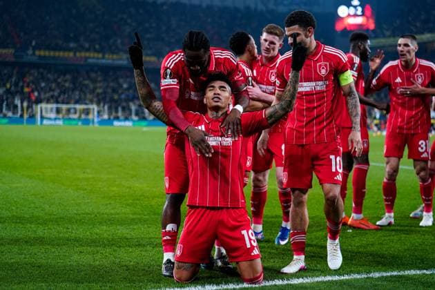 Igor Jesus of Nottingham Forest Football Club points to the sky to celebrate his goal Fenerbache v Nottingham Forest, UEFA Europa League, Knockout Round Play Offs, First Leg, Football, Sukru Saracoglu Stadium, Istanbul, Turkiye - 19 Feb 2026Istanbul Sukru Saracoglu Stadium Turkey EDITORIAL USE ONLY No use with unauthorised audio, video, data, fixture lists, club league logos or live services. Online in-match use limited to 120 images, no video emulation. No use in betting, games or single club league player publications. Copyright: xRaddadxJebarah Shutterstockx 16674269bq