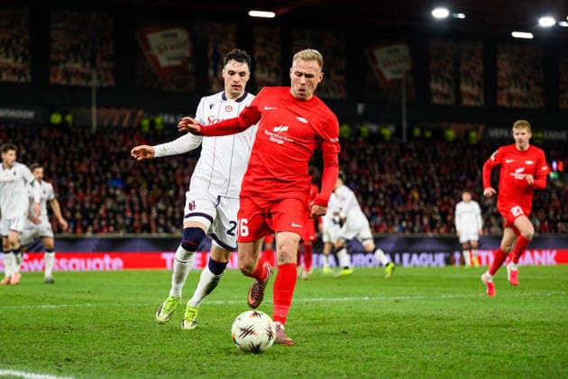 260219 Jon Dagur Thorsteinsson of Brann during the UEFA Europa League football match between Brann and Bologna on February 19, 2026 in Bergen Photo Marius Simensen BILDBYRAN COP 238 MM0056 bbeng brann bologna football fotball fotboll soccer uefa europa league  Copyright: MARIUSxSIMENSEN BB260219ZL048