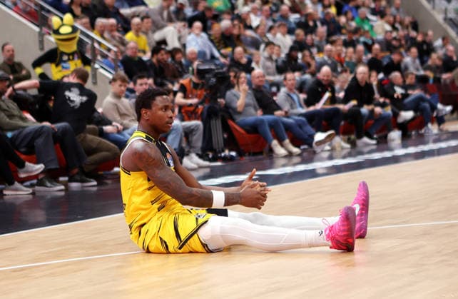 19 02 2026, Germany, Ludwigsbsburg Basketball MHP Riesen Ludwigsburg vs SYNTAINICS MBC, Babacar Sane MHP RIESEN Ludwigsburg on the ground