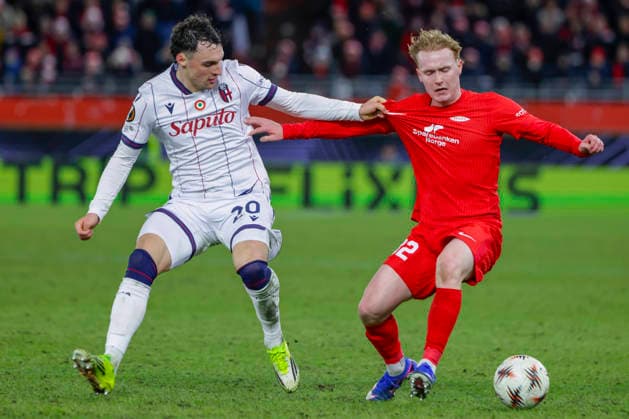 UEFA Europa League SK Brann Bologna Bergen 20260219 Bolognas Nadir Zortea and Branns Markus Haaland in the UEFA Europa League match between SK Brann and Bologna at Brann stadium Photo Paul S Amundsen NTB Bergen Norway EDITORIAL USE ONLY RESTRICTED USE FOR BETTING COMPANIES  Copyright: xPaulxS.xAmundsenx xNTBx