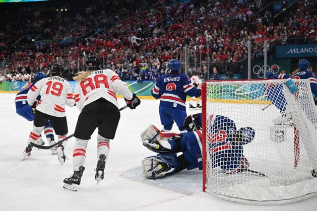 FRANKEL Aerin (USA) safe vs two Canadian during Women s Ice hockey, Eishockey - Gold Medal - USA vs Canada, Olympic Winter games, Winterspiele,Spiele, Summer games Milano-Cortina 2026 in Milano, Italy, February 19 2026  Copyright: xFilippoxTomasi IPAxSportx xipa-agency.netx xx IPA_71743503 IPA_Agency_IPA71743503