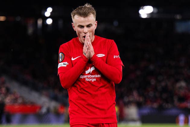 260219 Kristall Mani Ingason of Brann looks dejected during the UEFA Europa League football match between Brann and Bologna on February 19, 2026 in Bergen Photo Marius Simensen BILDBYRAN COP 238 MM0056 bbeng bologna brann depp football fotball fotboll soccer uefa europa league  Copyright: MARIUSxSIMENSEN BB260219ZF070