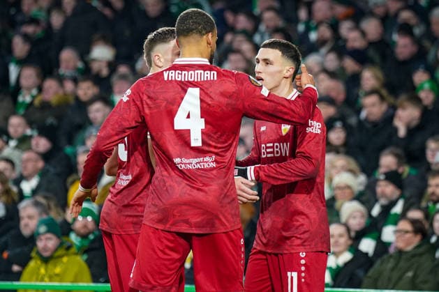 Football UEFA Europa League 2025 2026, Play Offs first leg Celtic FC Glasgow vs VfB Stuttgart Celtic Park Stadium Glasgow, Scotland Goal and goal celebration to 0 1 by Bilal El Khannouss VfB Stuttgart, 11 Joy, emotions, jubilation Josha Vagnoman VfB Stuttgart, 4 Copyright: xJOERANxSTEINSIEKx