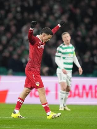 Bilal El Khannouss of Stuttgart celebrates scoring to give Stuttgart a 0-1 lead. Celtic v Stuttgart, UEFA Europa League, Knockout Round Play Offs, First Leg, Football, Celtic Park, Glasgow, Scotland, UK - 19 Feb 2026Glasgow Celtic Park Scotland United Kingdom EDITORIAL USE ONLY No use with unauthorised audio, video, data, fixture lists, club league logos or live services. Online in-match use limited to 120 images, no video emulation. No use in betting, games or single club league player publications. Copyright: xStuartxWallace Shutterstockx 16674319aa