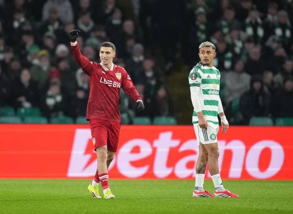 Bilal El Khannouss of Stuttgart celebrates scoring to give Stuttgart a 0-1 lead. Celtic v Stuttgart, UEFA Europa League, Knockout Round Play Offs, First Leg, Football, Celtic Park, Glasgow, Scotland, UK - 19 Feb 2026Glasgow Celtic Park Scotland United Kingdom EDITORIAL USE ONLY No use with unauthorised audio, video, data, fixture lists, club league logos or live services. Online in-match use limited to 120 images, no video emulation. No use in betting, games or single club league player publications. Copyright: xStuartxWallace Shutterstockx 16674319z
