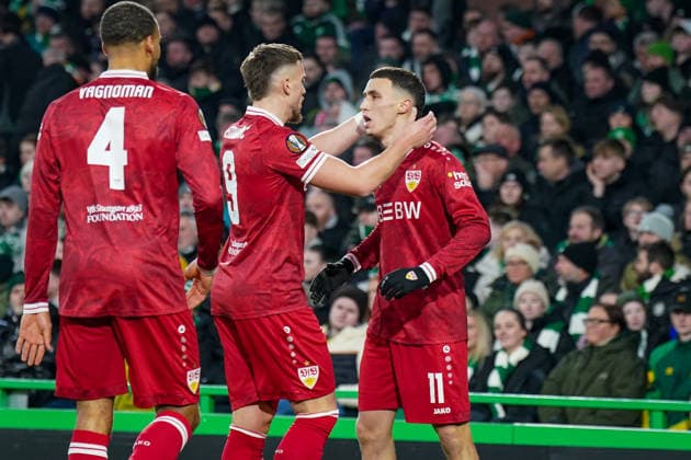 Football UEFA Europa League 2025 2026, Play Offs first leg Celtic FC Glasgow vs VfB Stuttgart Celtic Park Stadium Glasgow, Scotland Goal and goal celebration to 0 1 by Bilal El Khannouss VfB Stuttgart, 11 Joy, emotions, jubilation Ermedin Demirovic VfB Stuttgart, 9 Josha Vagnoman VfB Stuttgart, 4 Copyright: xJOERANxSTEINSIEKx