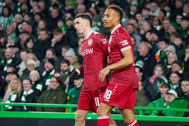 Football UEFA Europa League 2025 2026, Play Offs first leg Celtic FC Glasgow vs VfB Stuttgart Celtic Park Stadium Glasgow, Scotland Goal and goal celebration to 0 1 by Bilal El Khannouss VfB Stuttgart, 11 Joy, emotions, jubilation Jamie Leweling VfB Stuttgart, 18 Copyright: xJOERANxSTEINSIEKx