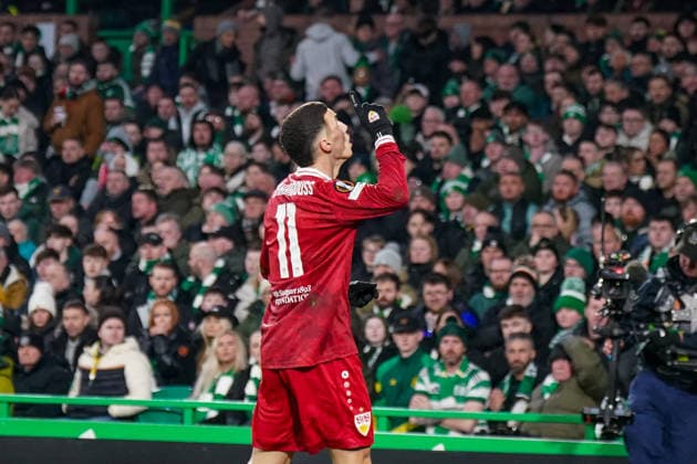 Football UEFA Europa League 2025 2026, Play Offs first leg Celtic FC Glasgow vs VfB Stuttgart Celtic Park Stadium Glasgow, Scotland Goal and goal celebration to 0 1 by Bilal El Khannouss VfB Stuttgart, 11 Joy, emotions, jubilation Copyright: xJOERANxSTEINSIEKx