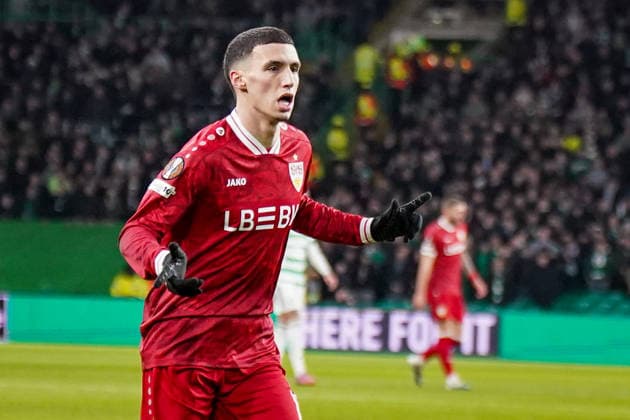 Football UEFA Europa League 2025 2026, Play Offs first leg Celtic FC Glasgow vs VfB Stuttgart Celtic Park Stadium Glasgow, Scotland Goal and goal celebration to 0 1 by Bilal El Khannouss VfB Stuttgart, 11 Joy, emotions, jubilation Copyright: xJOERANxSTEINSIEKx