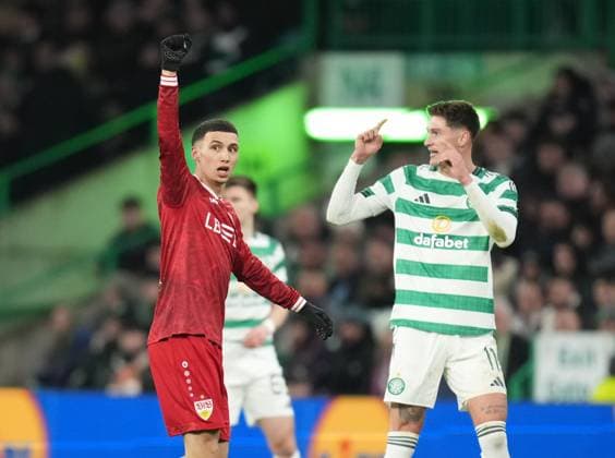 Bilal El Khannouss of Stuttgart celebrates scoring to give Stuttgart a 0-1 lead, with Tomas Cvancara of Celtic, right. Celtic v Stuttgart, UEFA Europa League, Knockout Round Play Offs, First Leg, Football, Celtic Park, Glasgow, Scotland, UK - 19 Feb 2026Glasgow Celtic Park Scotland United Kingdom EDITORIAL USE ONLY No use with unauthorised audio, video, data, fixture lists, club league logos or live services. Online in-match use limited to 120 images, no video emulation. No use in betting, games or single club league player publications. Copyright: xStuartxWallace Shutterstockx 16674319ac