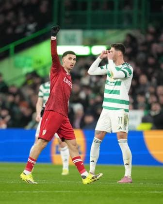 Bilal El Khannouss of Stuttgart celebrates scoring to give Stuttgart a 0-1 lead, with Tomas Cvancara of Celtic, right. Celtic v Stuttgart, UEFA Europa League, Knockout Round Play Offs, First Leg, Football, Celtic Park, Glasgow, Scotland, UK - 19 Feb 2026Glasgow Celtic Park Scotland United Kingdom EDITORIAL USE ONLY No use with unauthorised audio, video, data, fixture lists, club league logos or live services. Online in-match use limited to 120 images, no video emulation. No use in betting, games or single club league player publications. Copyright: xStuartxWallace Shutterstockx 16674319ae