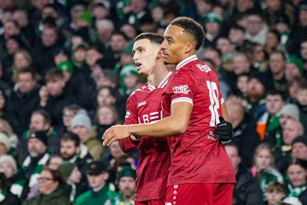 Football UEFA Europa League 2025 2026, Play Offs first leg Celtic FC Glasgow vs VfB Stuttgart Celtic Park Stadium Glasgow, Scotland Goal and goal celebration to 0 1 by Bilal El Khannouss VfB Stuttgart, 11 Joy, emotions, jubilation Jamie Leweling VfB Stuttgart, 18 Copyright: xJOERANxSTEINSIEKx