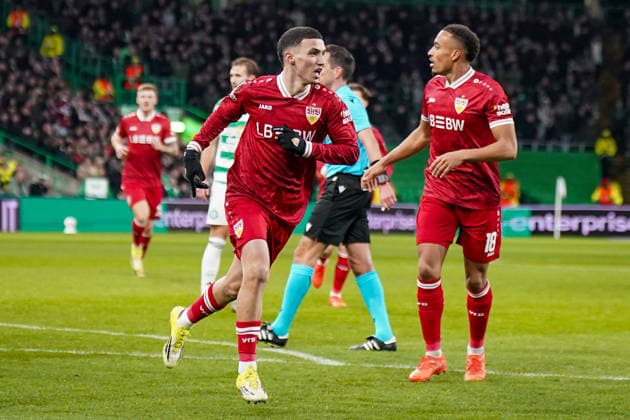 Football UEFA Europa League 2025 2026, Play Offs first leg Celtic FC Glasgow vs VfB Stuttgart Celtic Park Stadium Glasgow, Scotland Goal and goal celebration to 0 1 by Bilal El Khannouss VfB Stuttgart, 11 Joy, emotions, jubilation Copyright: xJOERANxSTEINSIEKx