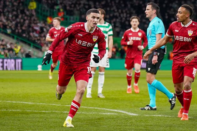 Football UEFA Europa League 2025 2026, Play Offs first leg Celtic FC Glasgow vs VfB Stuttgart Celtic Park Stadium Glasgow, Scotland Goal and goal celebration to 0 1 by Bilal El Khannouss VfB Stuttgart, 11 Joy, emotions, jubilation Copyright: xJOERANxSTEINSIEKx