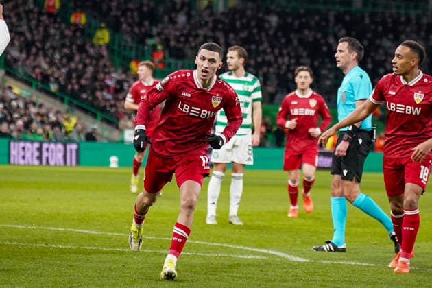 Football UEFA Europa League 2025 2026, Play Offs first leg Celtic FC Glasgow vs VfB Stuttgart Celtic Park Stadium Glasgow, Scotland Goal and goal celebration to 0 1 by Bilal El Khannouss VfB Stuttgart, 11 Joy, emotions, jubilation Copyright: xJOERANxSTEINSIEKx