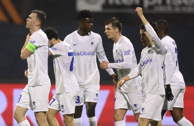 GNK Dinamo v KRC Genk - UEFA Europa League 2025 26 Knockout Play-off First Leg ZAGREB, CROATIA - FEBRUARY 19: Bryan Heyen, Aaron Bibout, Jarne Steuckers, Konstantinos Keretsas during the UEFA Europa League 2025 26 Knockout Play-off First Leg match between GNK Dinamo and KRC Genk at Stadion Maksimir on February 19, 2026 in Zagreb, Croatia.  GoranxStanzl PIXSELL