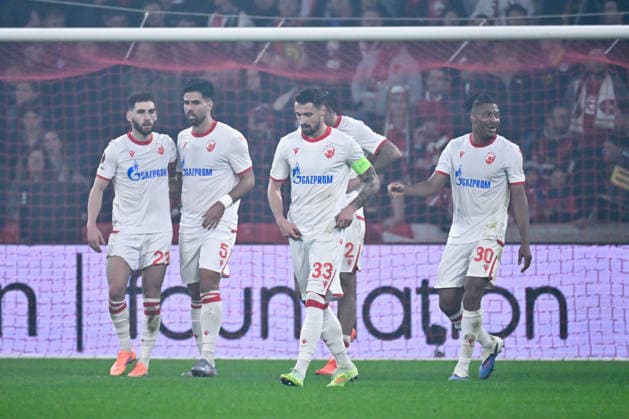 FOOTBALL : Lille vs Etoile Rouge Belgrade - Europa League - Lille - 19 02 2026 Franklin Tebo Uchenna ( 30 - Red Star Belgrade ) celebrates with teammates during the UEFA Europa League match between Lille OSC and Red Star Belgrade at Stade Pierre Mauroy on February 19, 2026 in Lille, France. ( Photo by Federico Pestellini PsnewZ ) - LilleFrance  Copyright: xFedericoxPestellinix