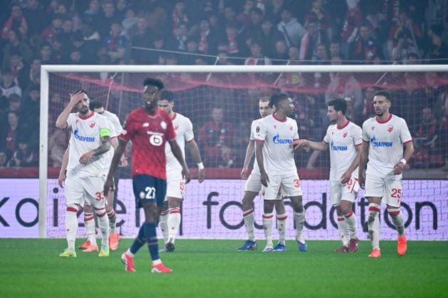 FOOTBALL : Lille vs Etoile Rouge Belgrade - Europa League - Lille - 19 02 2026 Franklin Tebo Uchenna ( 30 - Red Star Belgrade ) celebrates with teammates during the UEFA Europa League match between Lille OSC and Red Star Belgrade at Stade Pierre Mauroy on February 19, 2026 in Lille, France. ( Photo by Federico Pestellini PsnewZ ) - LilleFrance  Copyright: xFedericoxPestellinix