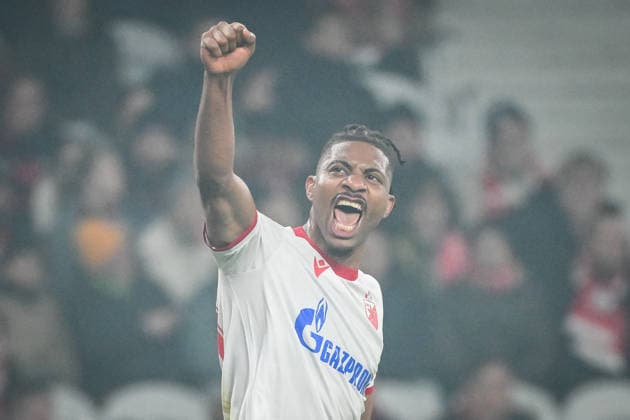 February 19, 2026, Villeneuve-D ascq, France, France: Franklin TEBO UCHENNA of Crvena Zvezda celebrates his goal during the UEFA Europa League match between Lille OSC (LOSC) and Crvena Zvezda at Pierre Mauroy Stadium on February 19, 2026 in Villeneuve-d Ascq near Lille, France. Villeneuve-D ascq France - ZUMAm308 20260219_zsp_m308_008 Copyright: xMatthieuxMirvillex
