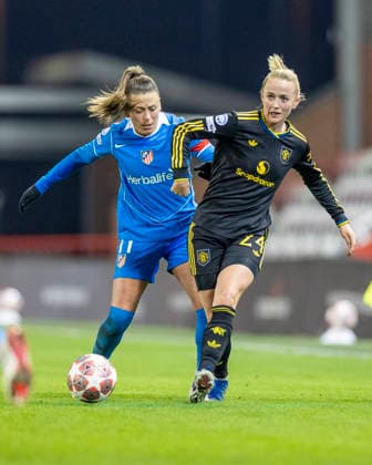 19th February 2026; Leigh Sports Village, Manchester, England; Womens Champions League Football, Manchester United, ManU versus Atletico Madrid; Lea Schuller of Manchester United Women under pressure from Carmen Menayo of Atletico Madrid  TimxWilliams Content restricted for UK based newspaper