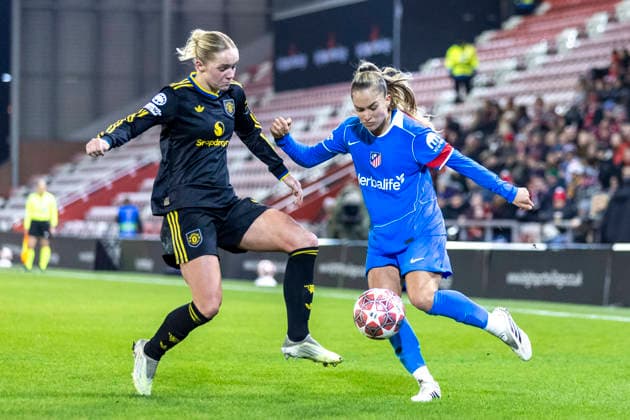19th February 2026; Leigh Sports Village, Manchester, England; Womens Champions League Football, Manchester United, ManU versus Atletico Madrid; Lauren of Atletico Madrid under pressure from Hanna Lundkvist of Manchester United Women  TimxWilliams Content restricted for UK based newspaper