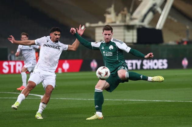 UEFA Europa League - Panathinaikos FC vs Victoria Plzen - Giorgos Kiriakopoulos of Panathinaikos FC in action against Merchas Doski of Victoria Plzen during the UEFA Europa League Play-Offs 1st leg soccer match between Panathinaikos FC and Victoria Plzen in Olympic Athletic Center of Athens Spyros Louis , Athens, Greece, on 19 February 2026. IMAGO ONE INCH PRODUCTIONS ATHENS GREECE Copyright: xONExINCHxPRODUCTIONSx 6861972